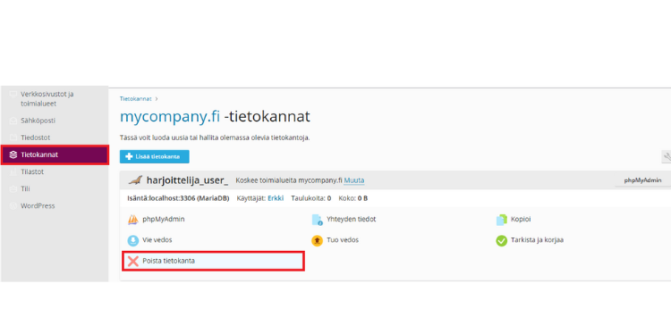 Tietokannan poistaminen onnistuu menemällä tietokannat välilehdelle ja klikkaamalla poista tietokanta.