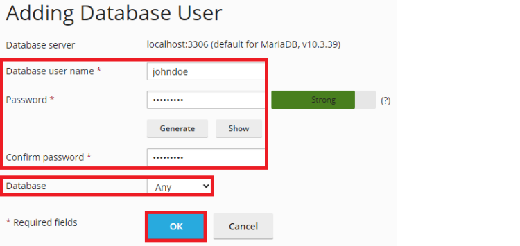 Give the user a name in the database user name section and a password in the password section; choose if you want to give the user access to every database or just a certain one. Click OK when finished