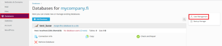 Go to the Databases tab from the left side of the site, then click User Management.
