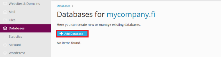 Click Add database to add a new database.