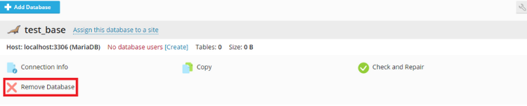 Go to the databases tab on from the left side of the site and click remove database.