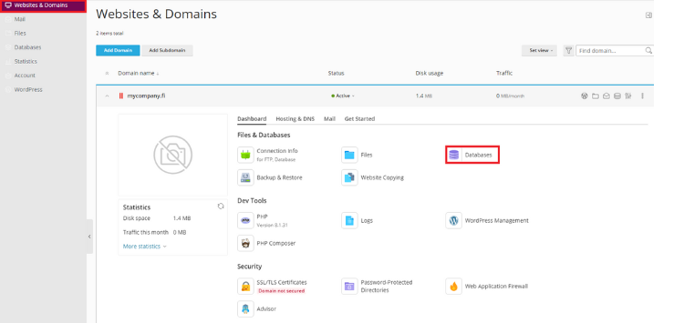 Click websites & domains on the left side of the screen, then click databases to access them.