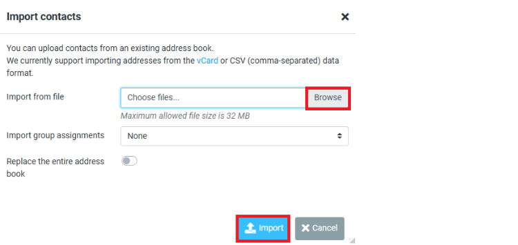 Valitse lataamasi “contacts.csv” tiedosto ja klikkaa “Import”